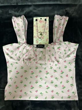 Sweet Society Pink Roses Top and Strawberries Teacup Necklace Set
